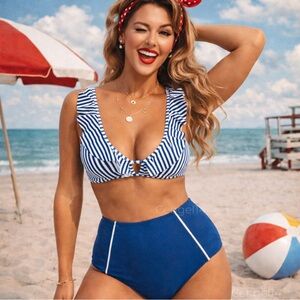 Cupshe Retro Blue White Striped Ruffle High Waisted Bikini Set XL NWT